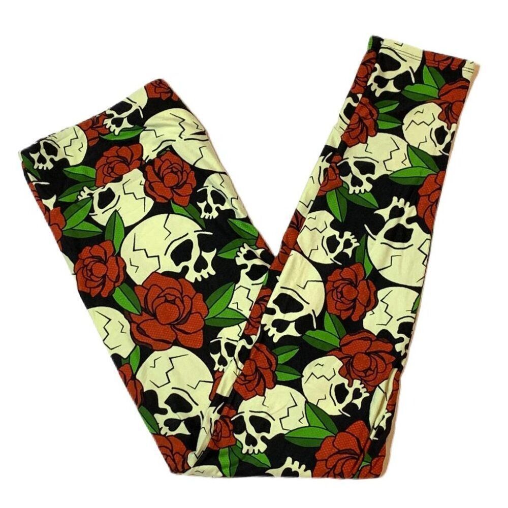 NEW TC2 Plus LuLaRoe Candy Sugar Skulls Leggings Roses Red Black Comfy Goth Punk